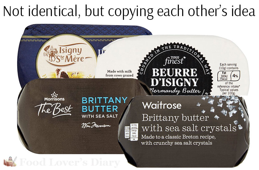 Only the labels are different - picture of butter from Morrisons, Tesco, Waitrose and Sainsbury's